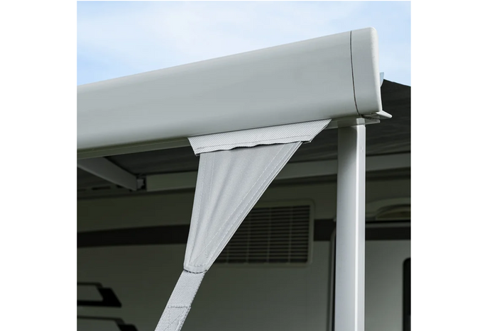 Set of two ProPlus 361729 storm straps attached to a 2x4.8m awning rail