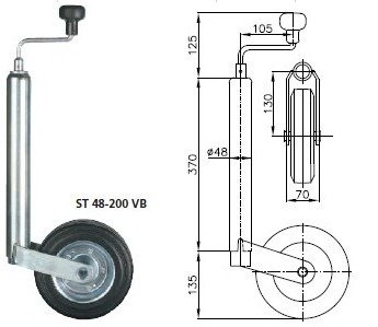 Jockey wheel with cast iron clamp WINTERHOFF ST48-200VB+KLE48-G 150kg 48mm 505-725mm